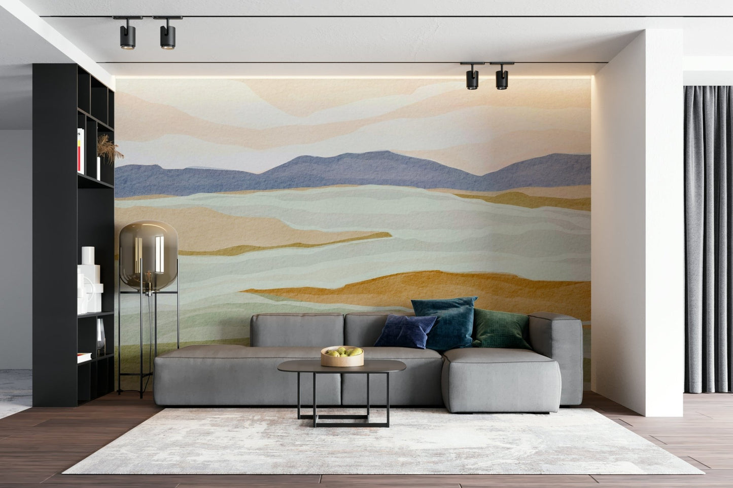 Bedroom decorated with landscapes view mural

