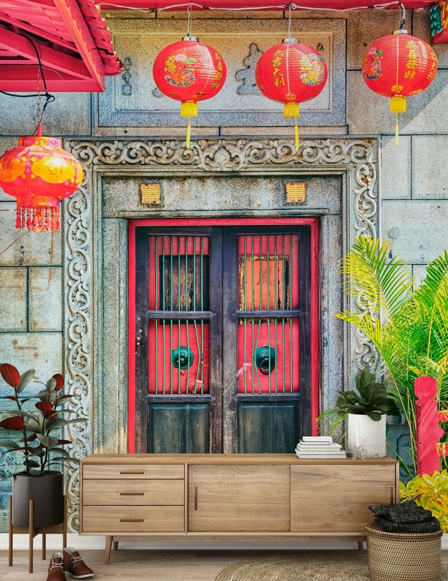 Stone relief texture Lantern Entrance wallpaper mural., GD7456
