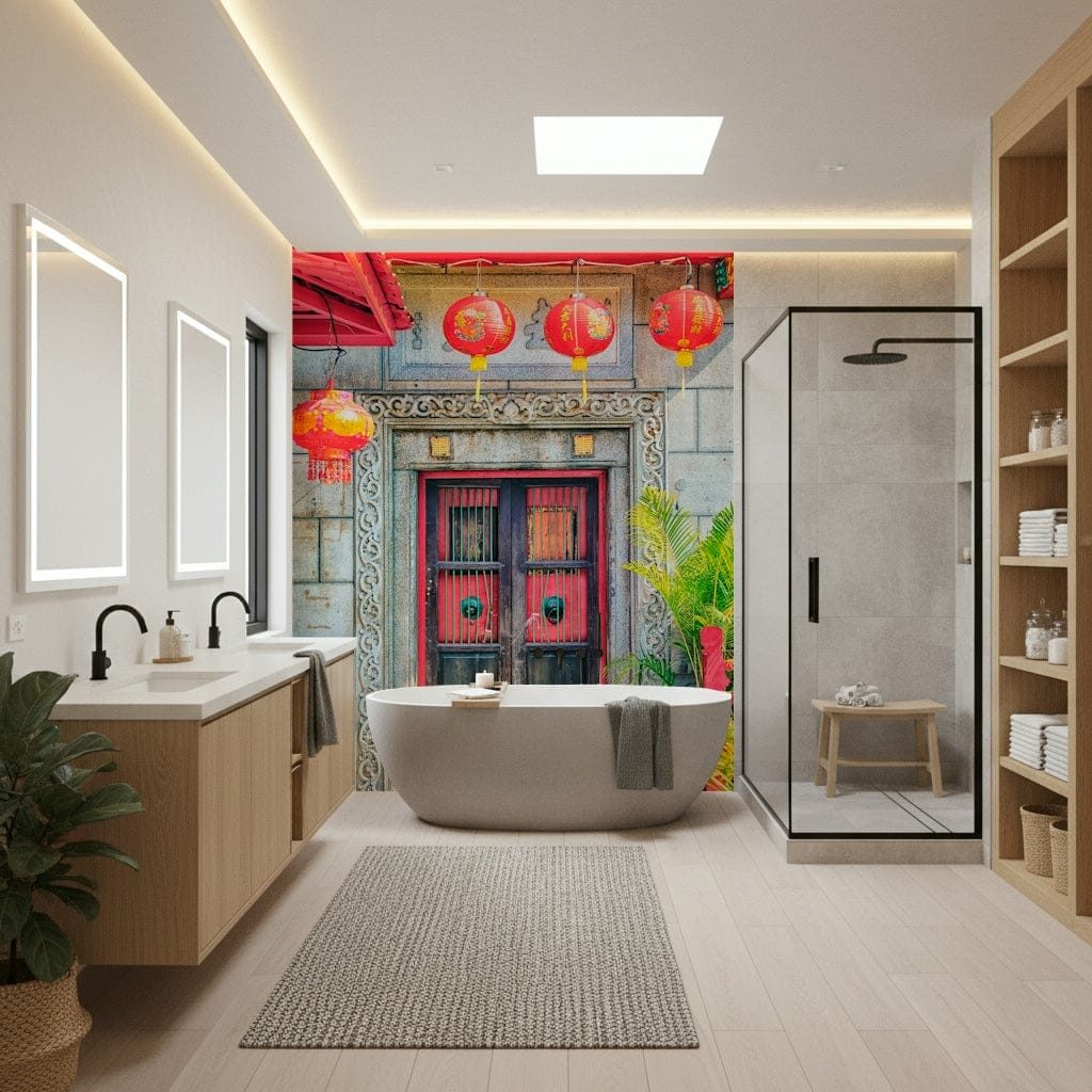 Vibrant Asian decor Lantern Entrance peel and stick wallpaper., GD7456