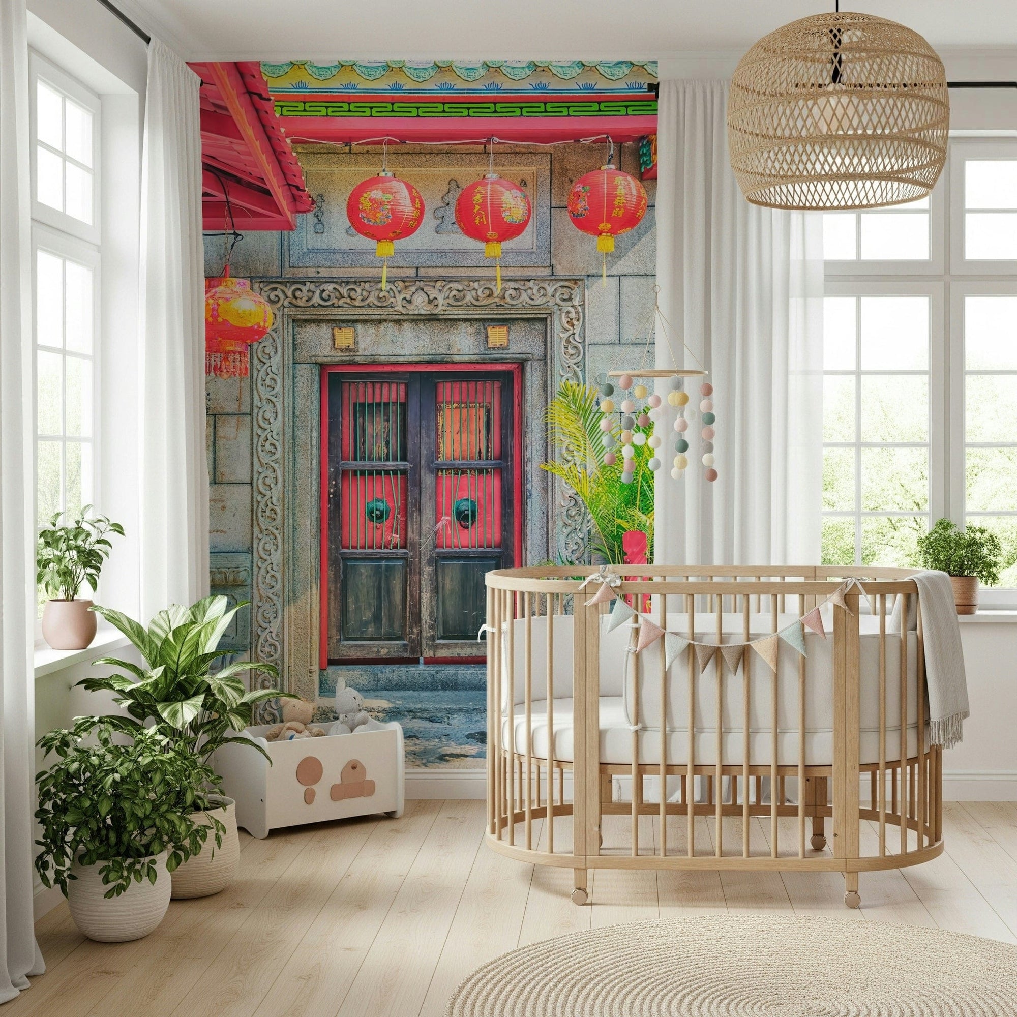 Antique wooden gate Lantern Entrance wallpaper mural., GD7456