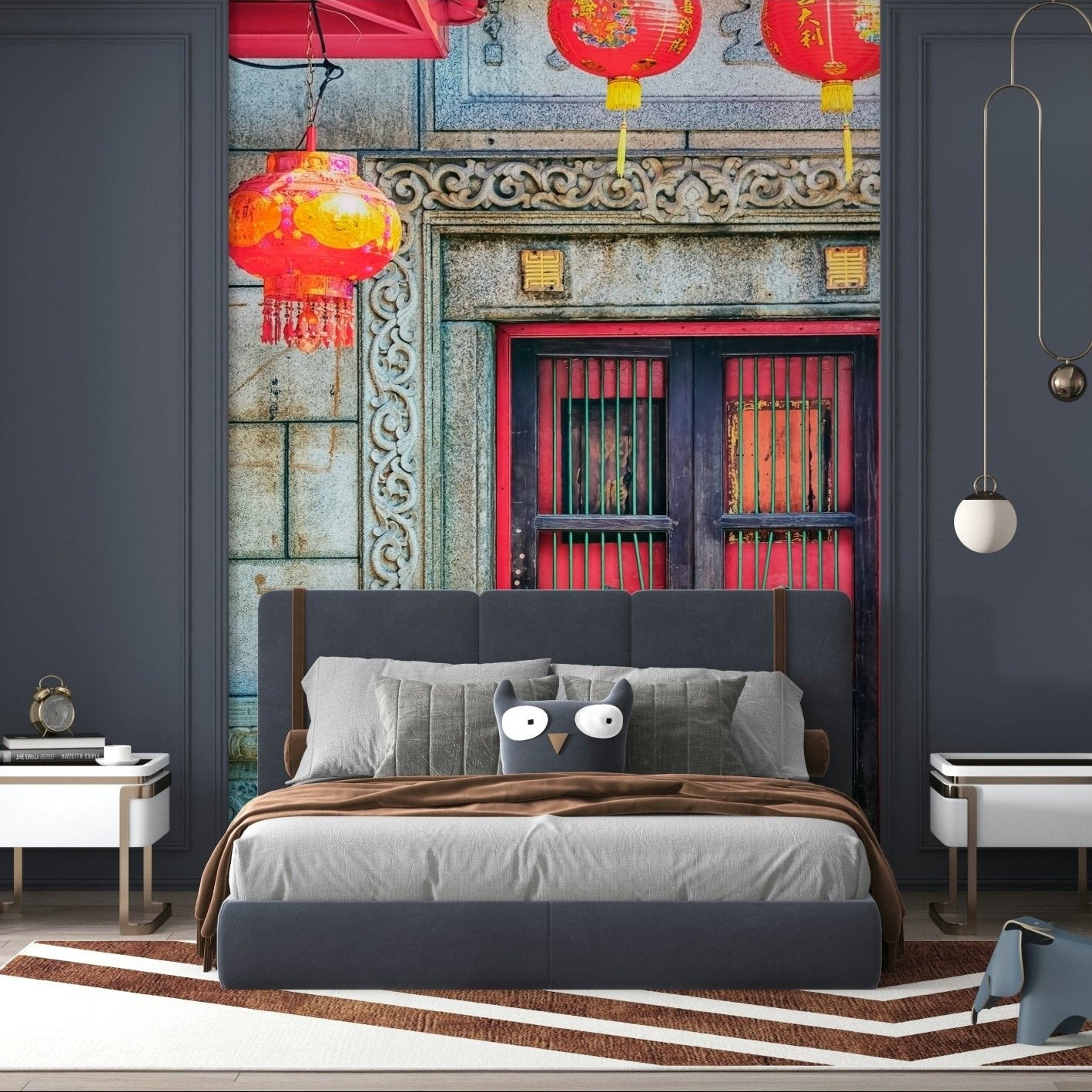 Festive red globes Lantern Entrance peel and stick wallpaper., GD7456