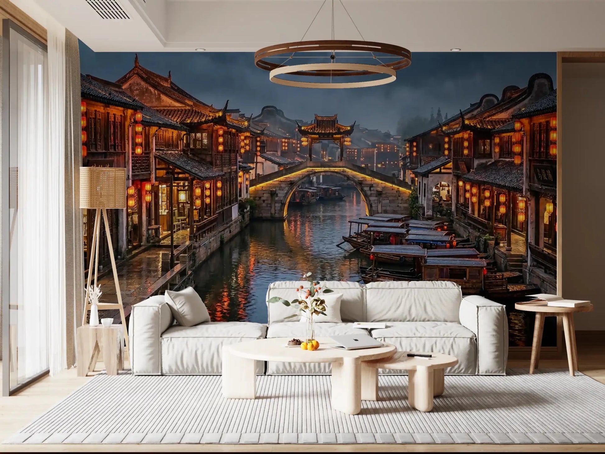 Lounge area carries the lantern reflections wall mural across its full width
GD9509
