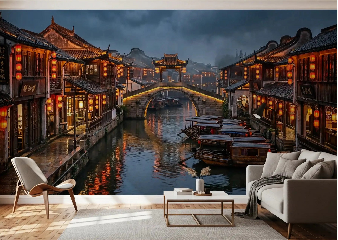 Living room opens onto a glowing canal scene through this wall mural
GD9509