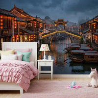 Curved tile rooftops sit under a deep blue evening sky on the wall mural
GD9509