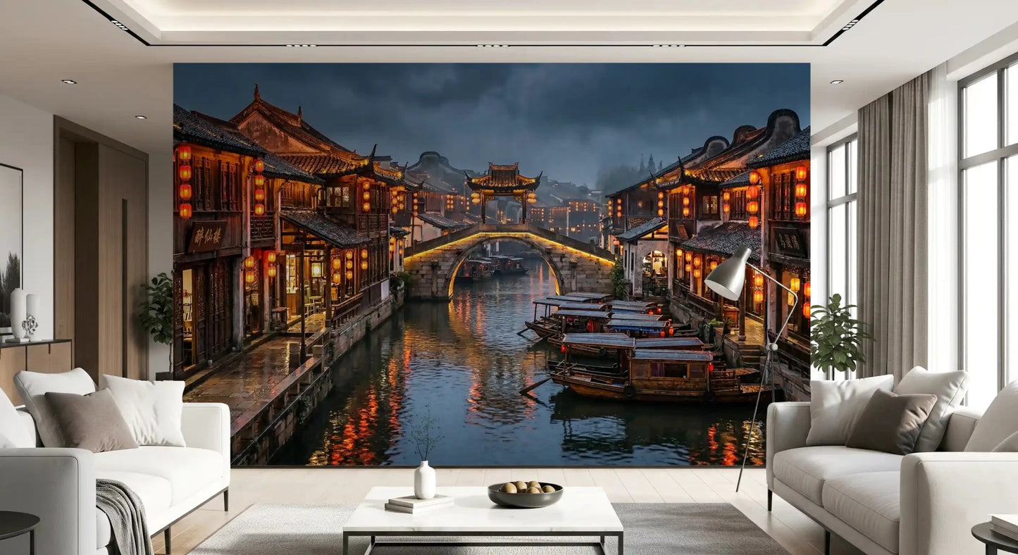 Family room holds the old-town canal wall mural in evening tones
GD9509