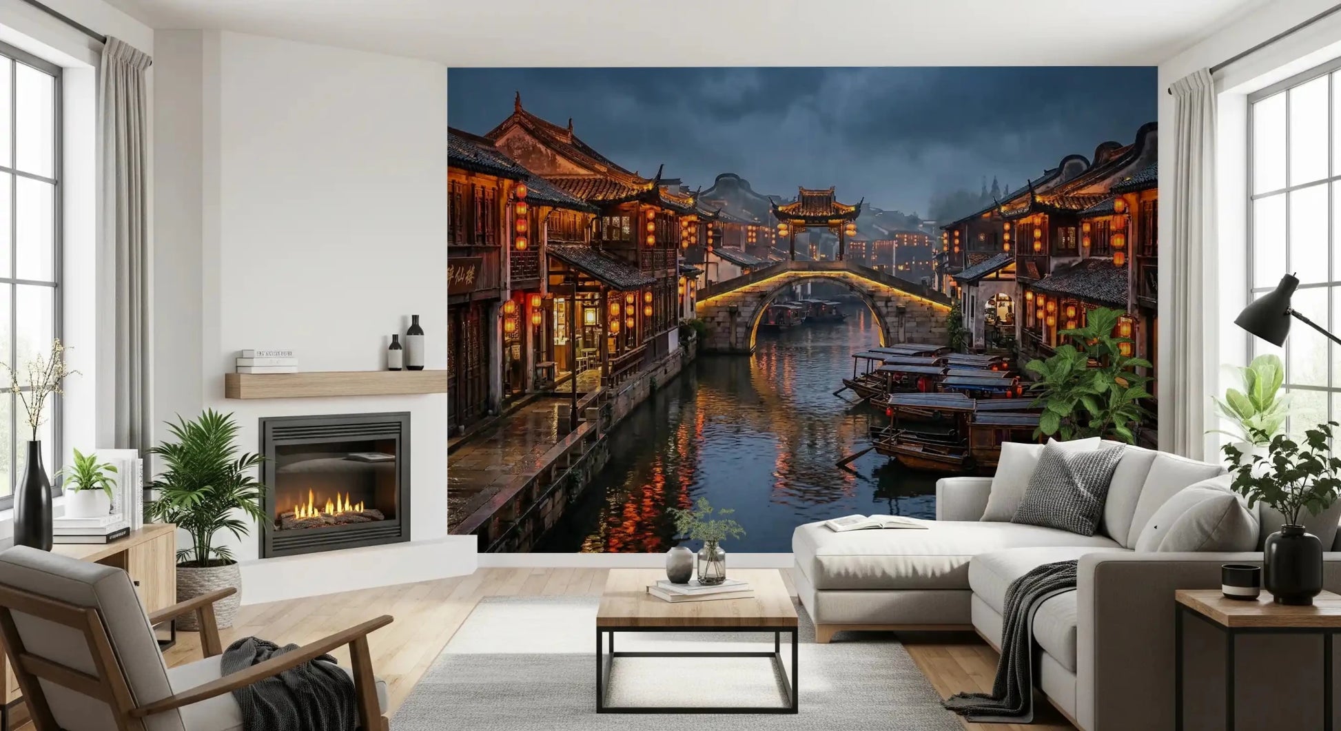 Wooden boats rest in lantern-lit reflections on this canal wall mural
GD9509