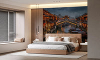 Old-town lantern wall mural settles into a calm bedroom at full scaleGD9509