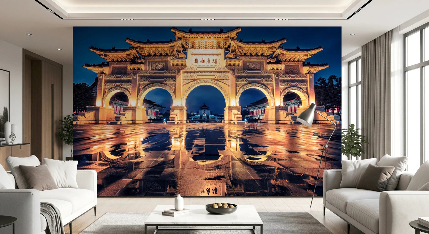 Majestic white archway in Taiwan at twilight.