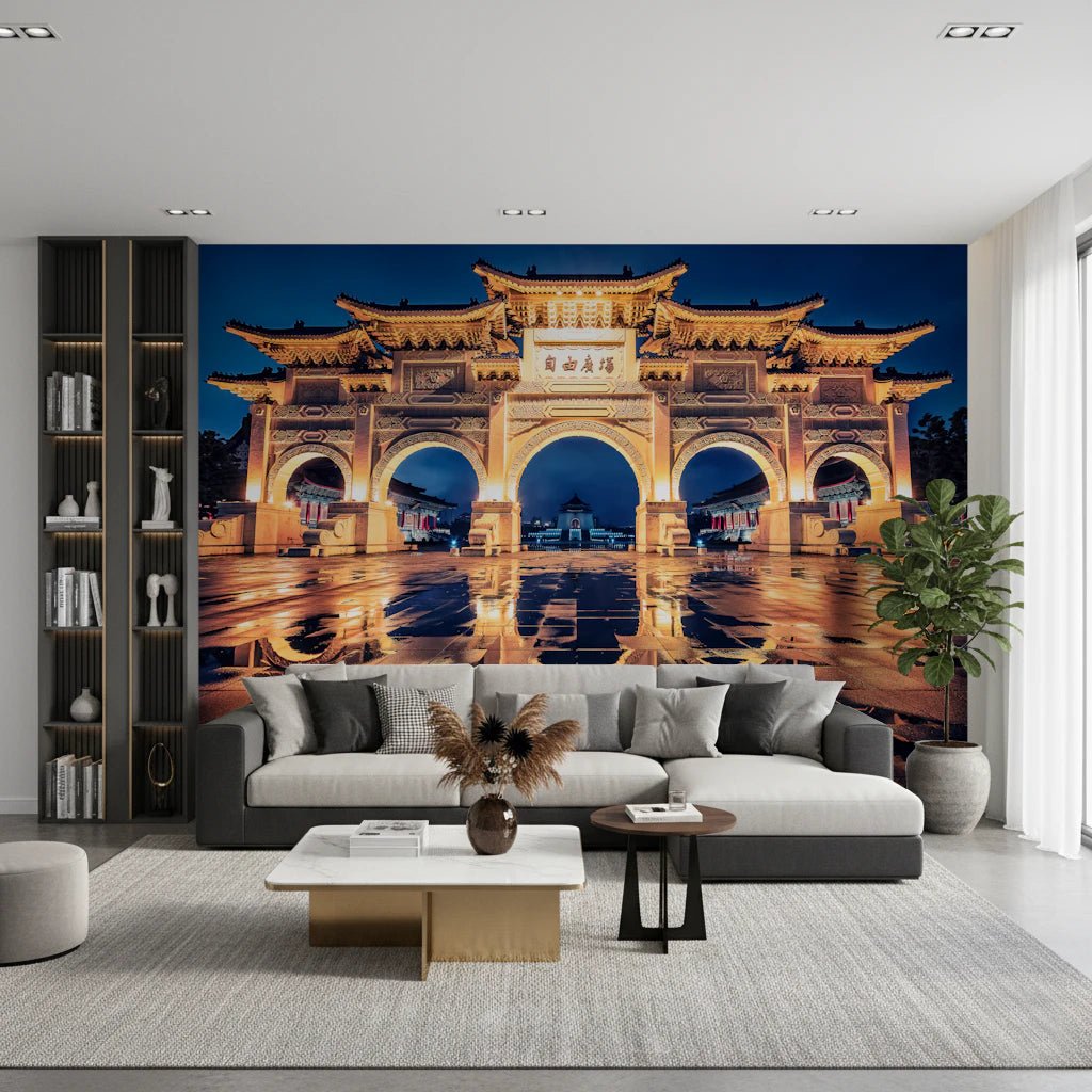 Illuminated Chinese traditional gate wall mural.