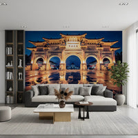 Illuminated Chinese traditional gate wall mural.