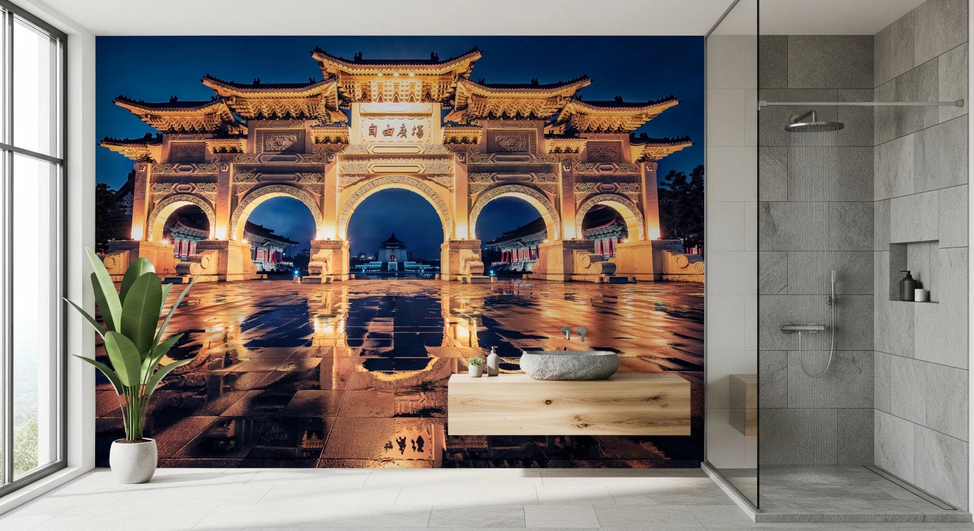 Reflective ground and glowing gates in Taipei.