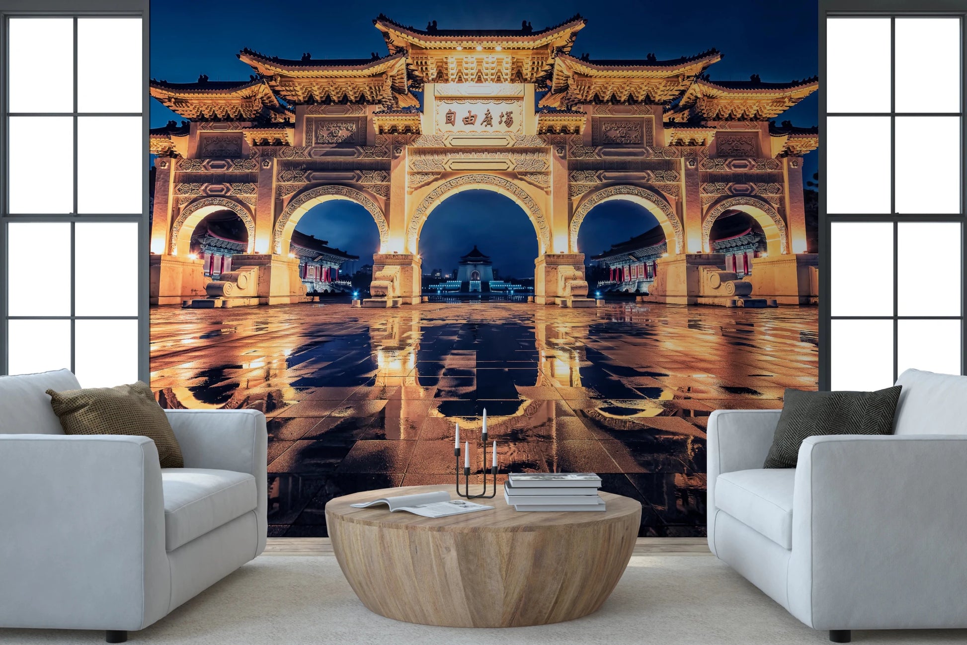 Ornate gate mural with blue sky background.