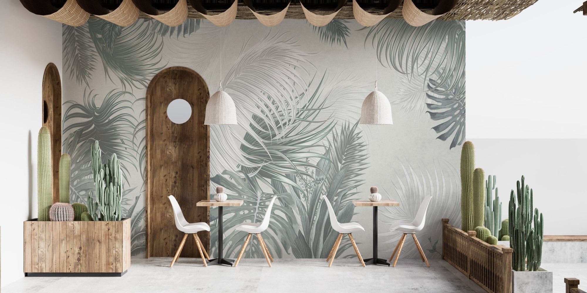 Large gray-green palm leaves wallpaper design A667
