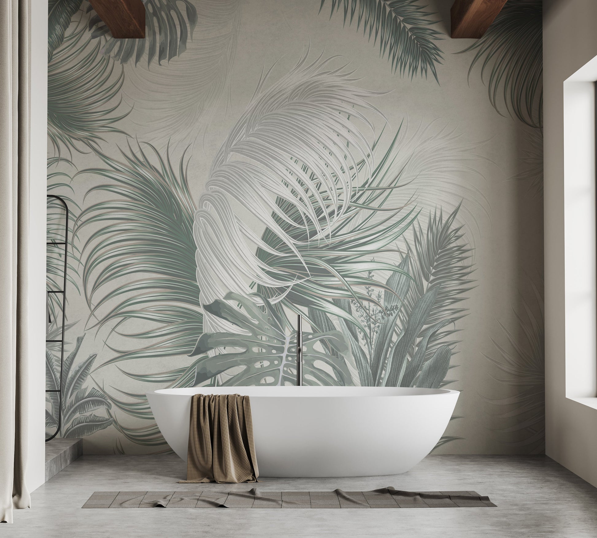 Oversized gray-green palm leaves wall mural
