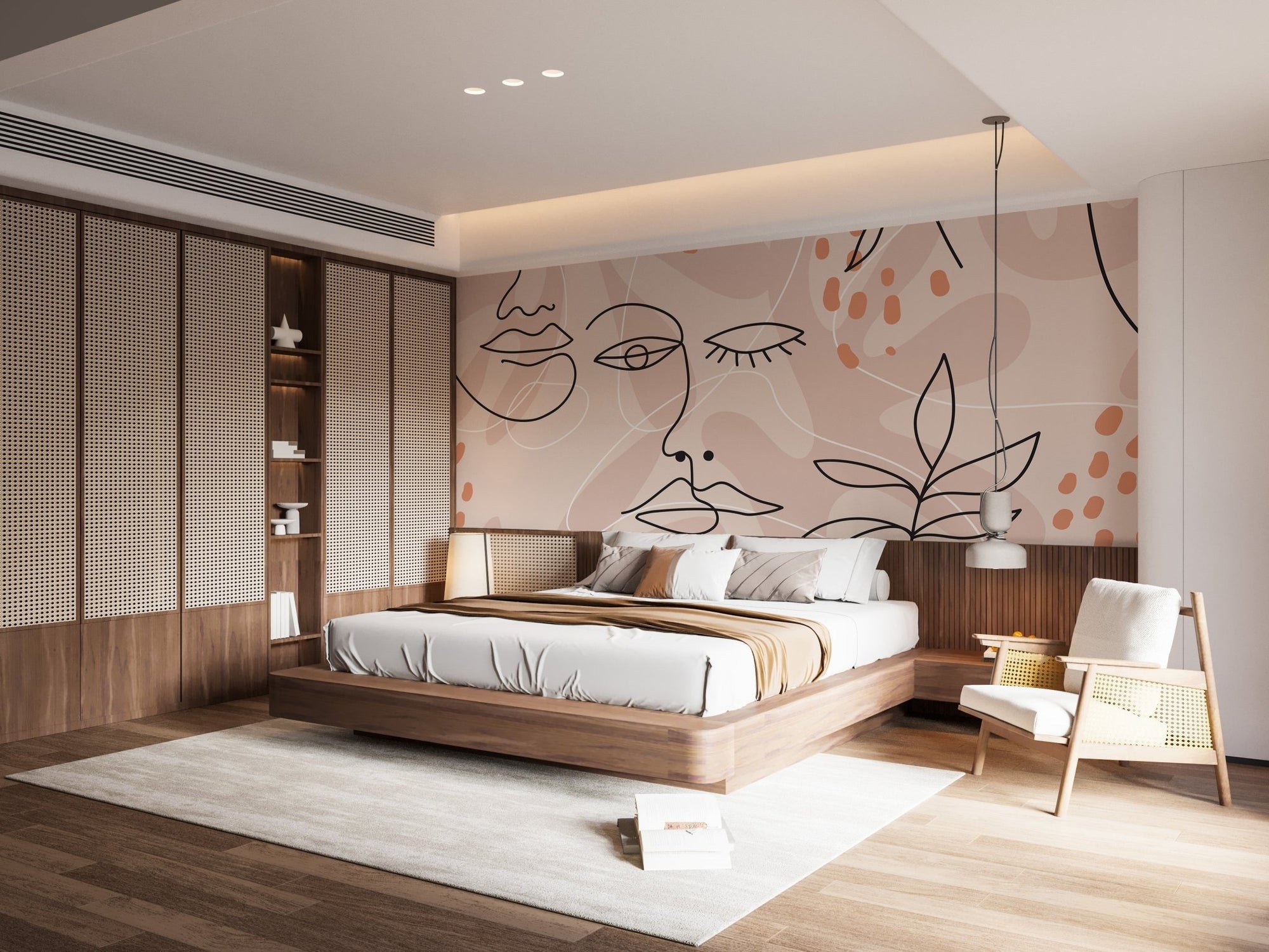 Large human face line pink wallpaper mural for walls A645