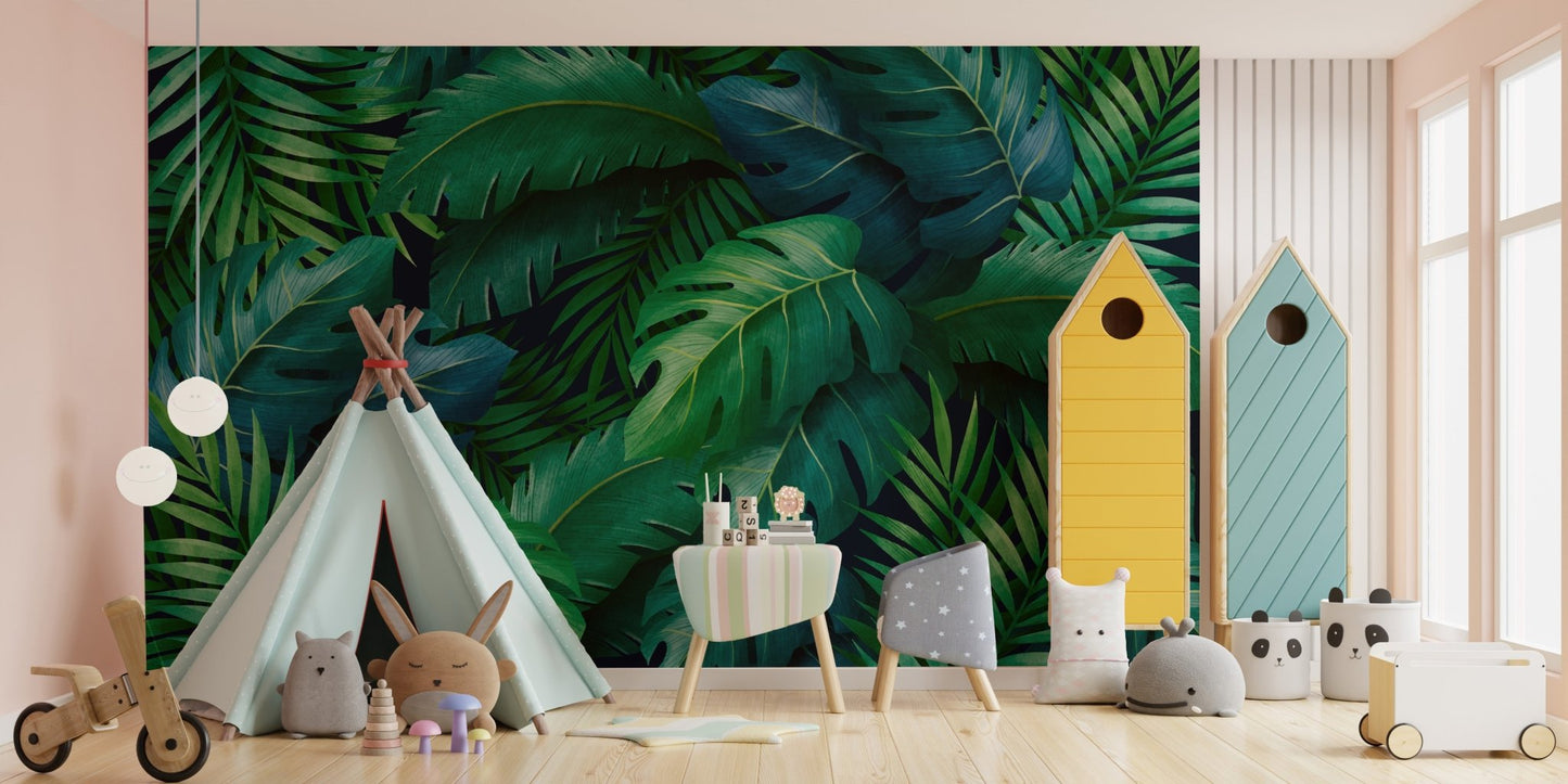 Green tropical leaves wall mural for a nature-inspired space.