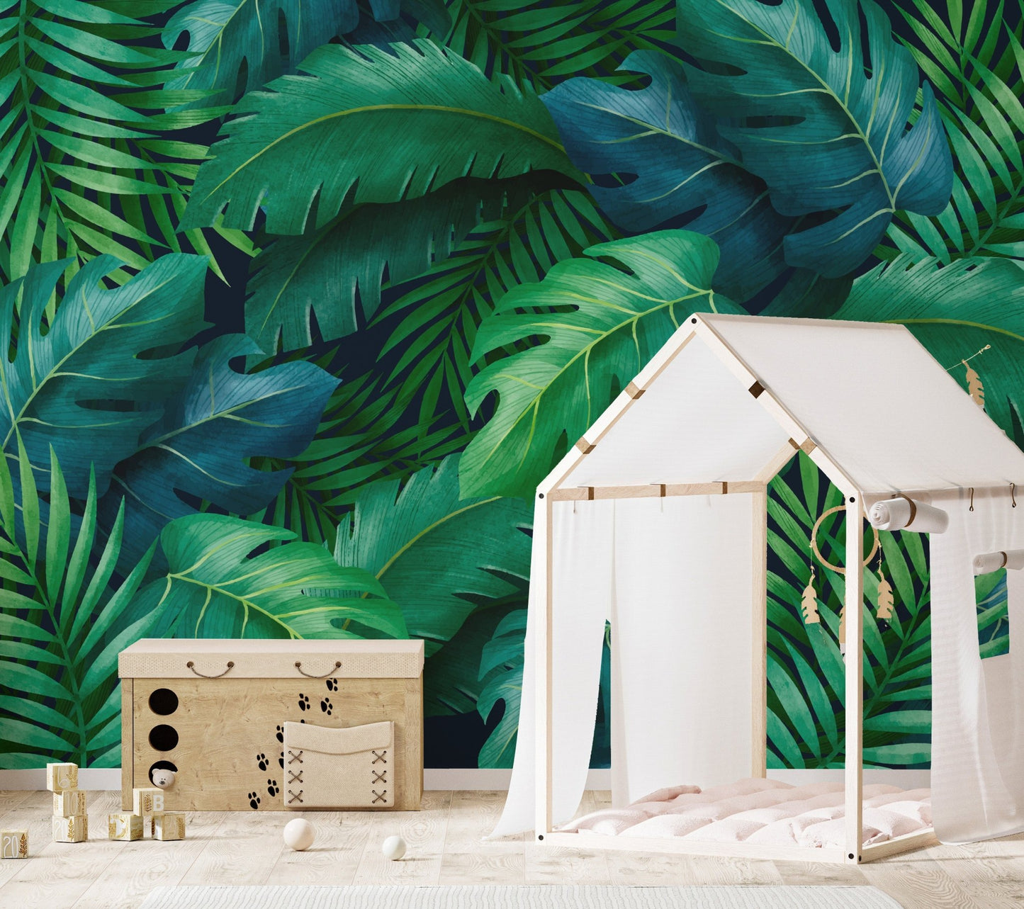Exotic jungle-themed wallpaper mural with large leafy patterns.