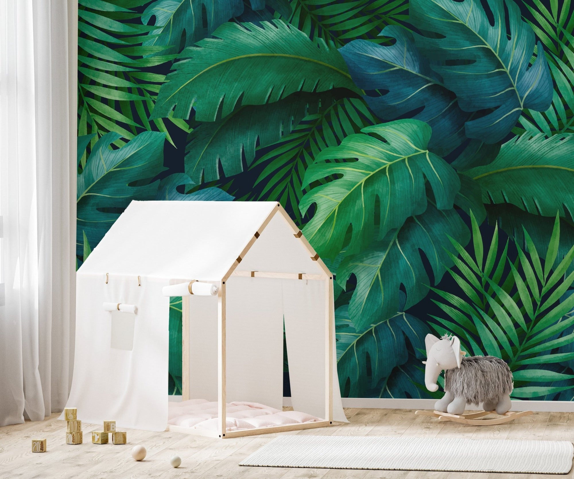 Large tropical leaves wallpaper mural with lush green foliage., tropical-01