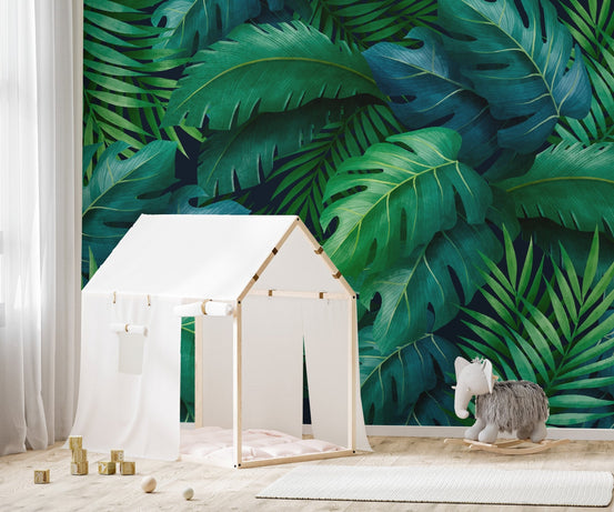Large tropical leaves wallpaper mural with lush green foliage., tropical-01