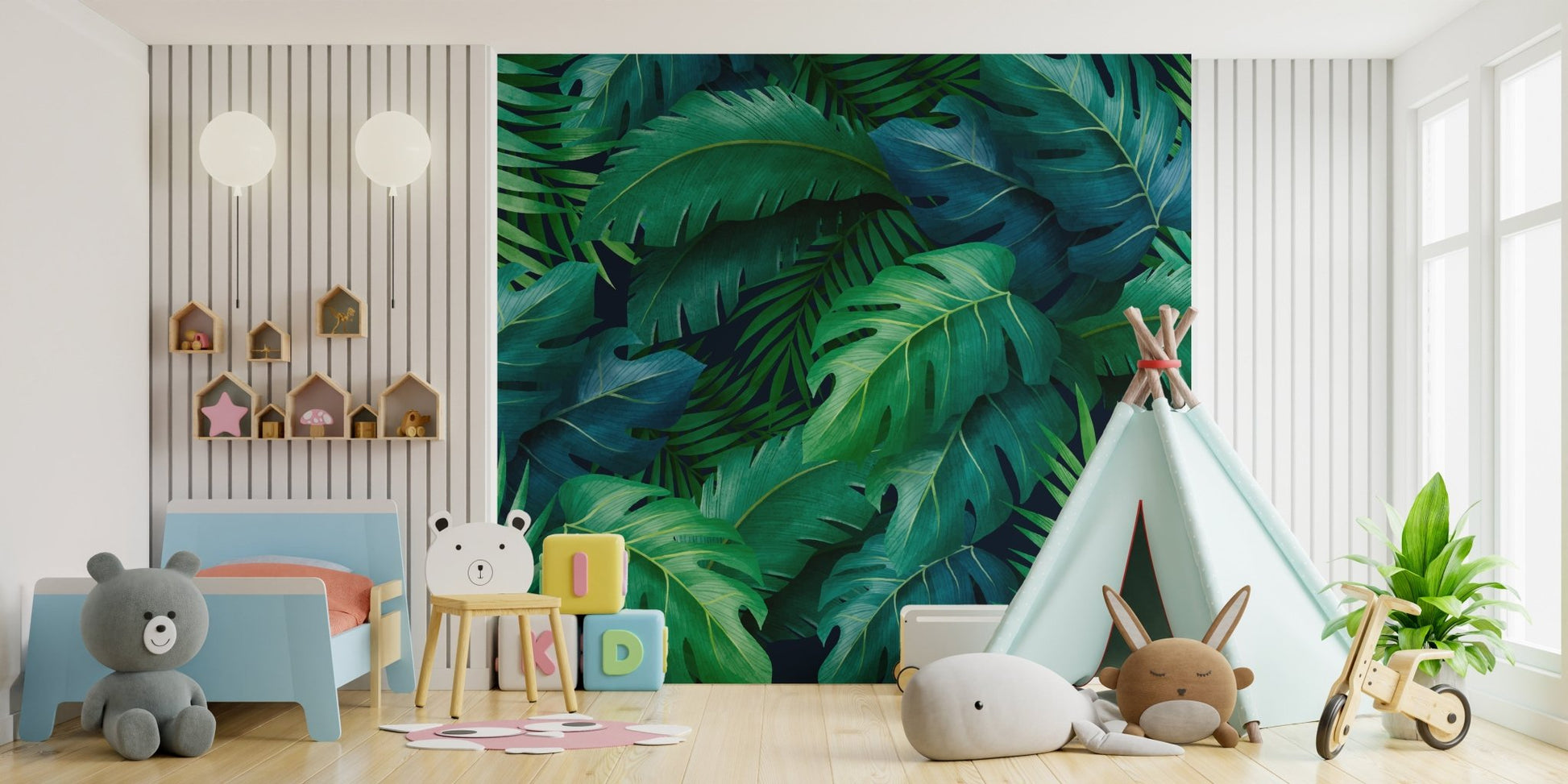Botanical wallpaper mural featuring oversized tropical leaves.