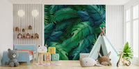 Botanical wallpaper mural featuring oversized tropical leaves.