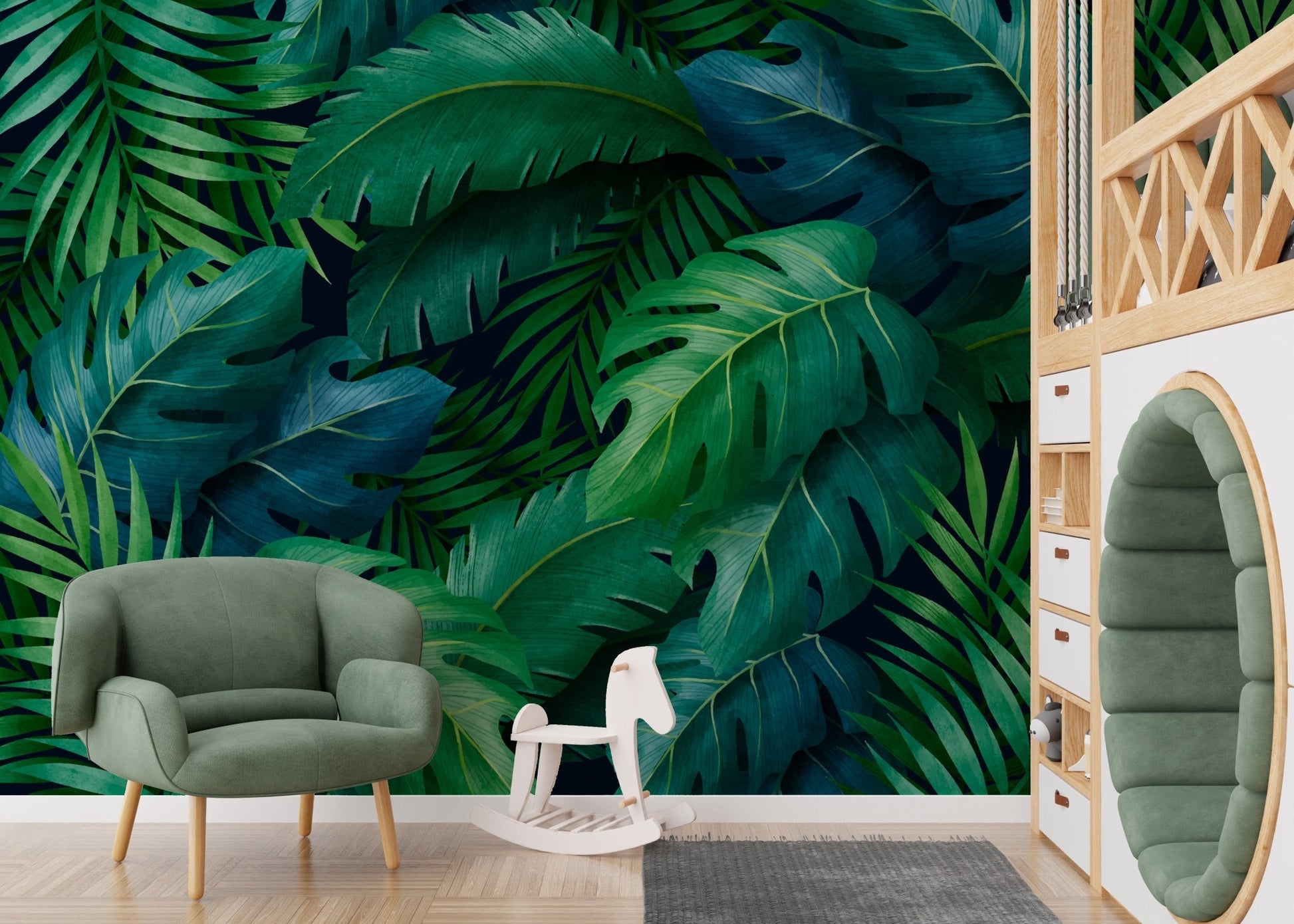 Oversized palm and monstera leaves wallpaper mural.