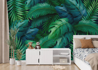 Vibrant tropical leaves wallpaper mural for modern interiors.