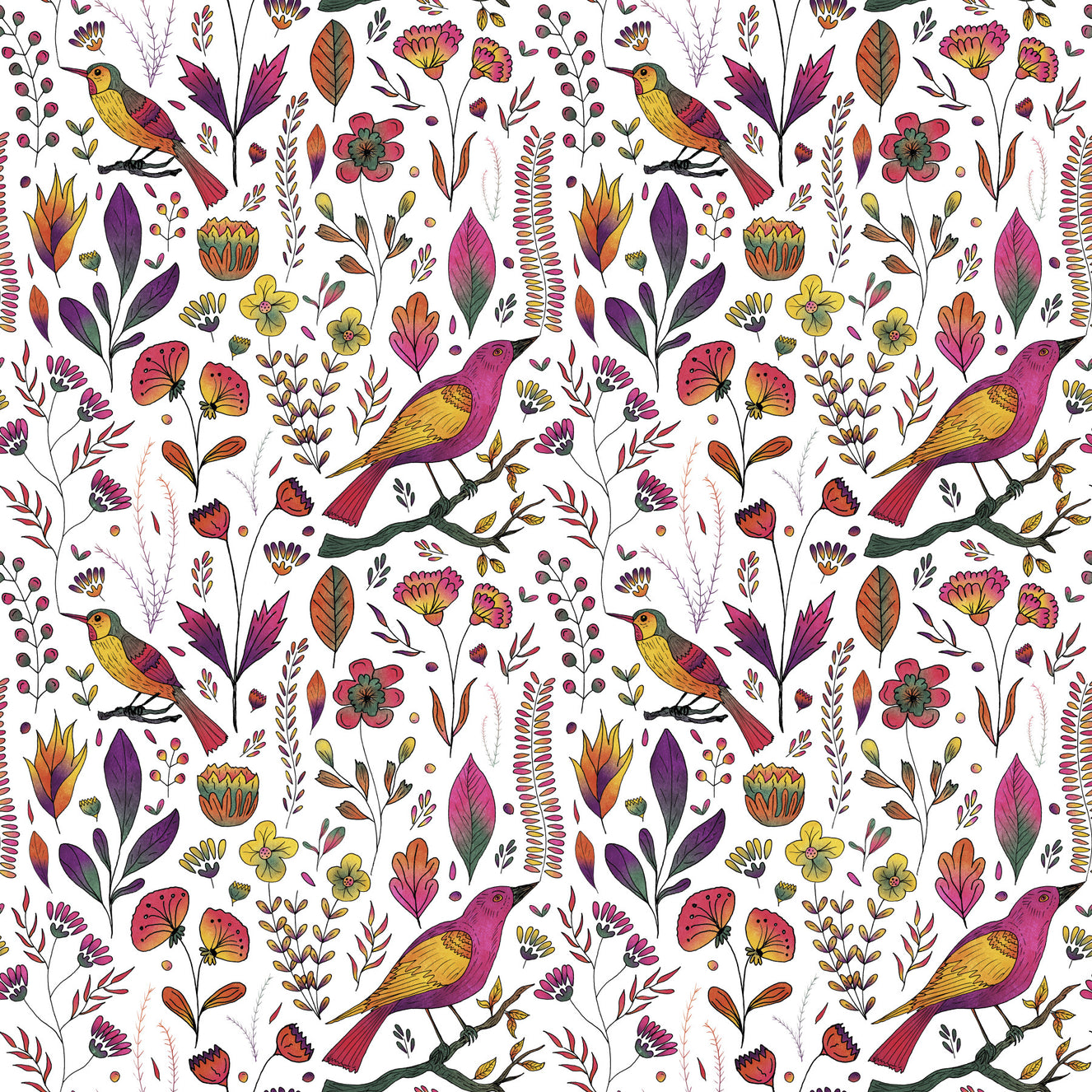 Whimsical Songbird Garden White