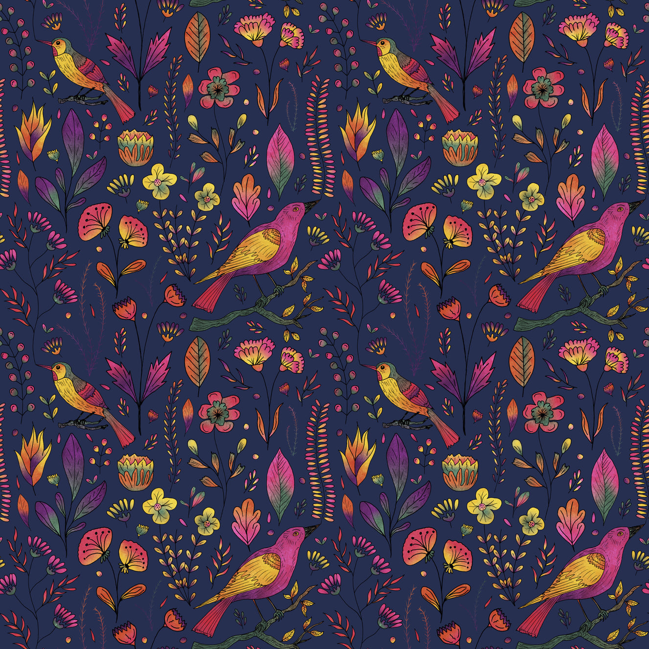 Whimsical Songbird Garden Navy