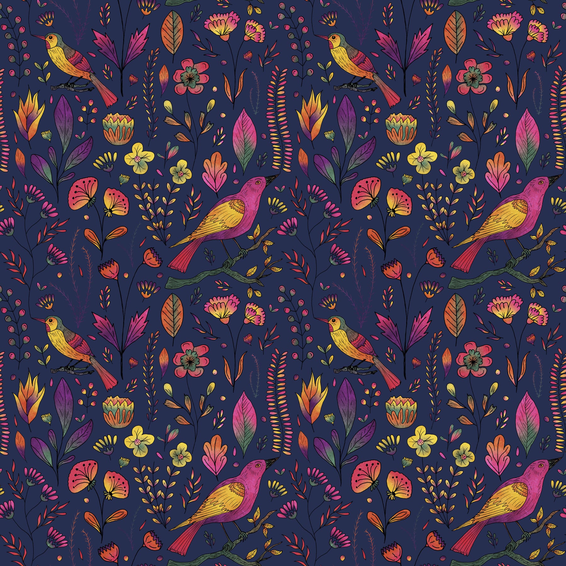 Whimsical Songbird Garden Navy