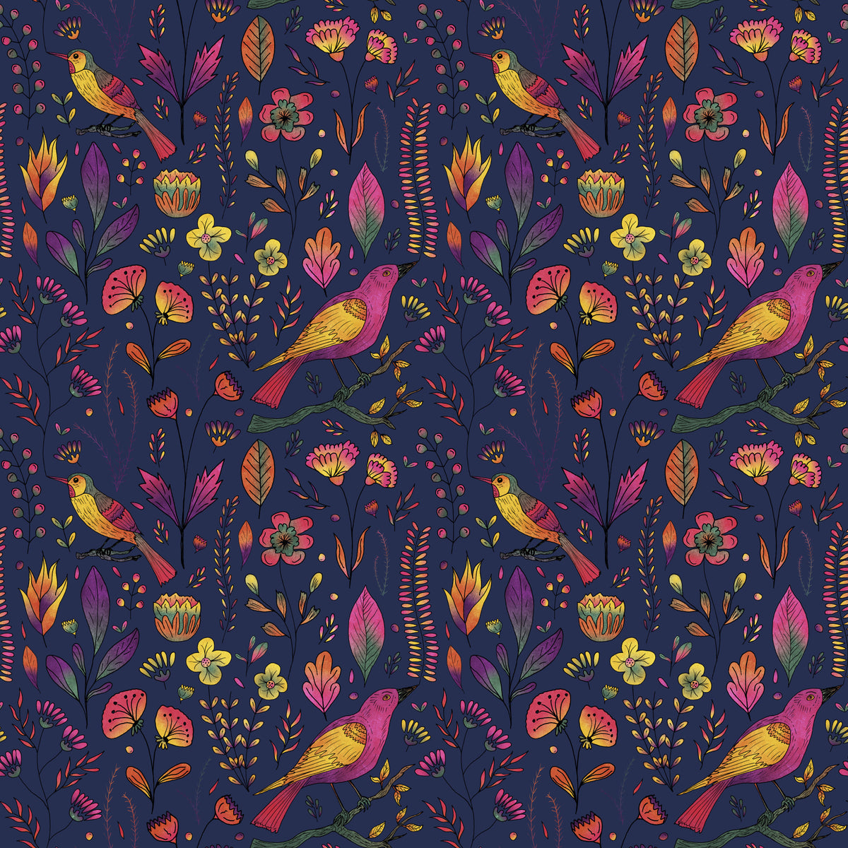 Whimsical Songbird Garden Navy in your room — zoomed