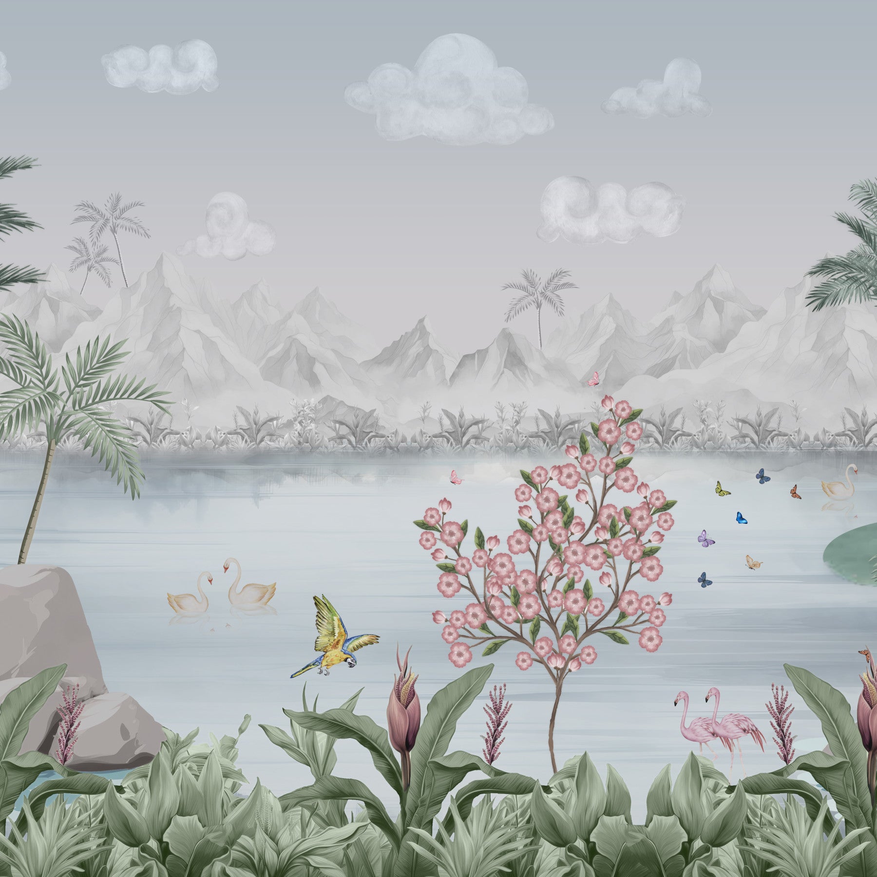 Misty Mountain Lake Escape Wall Mural