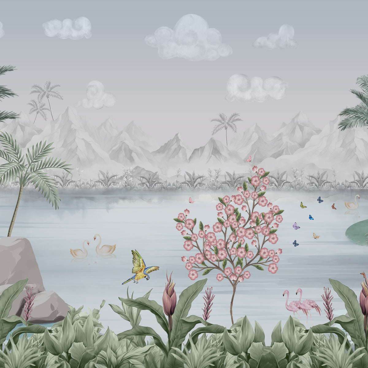 Misty Mountain Lake Escape Wall Mural in your room — zoomed