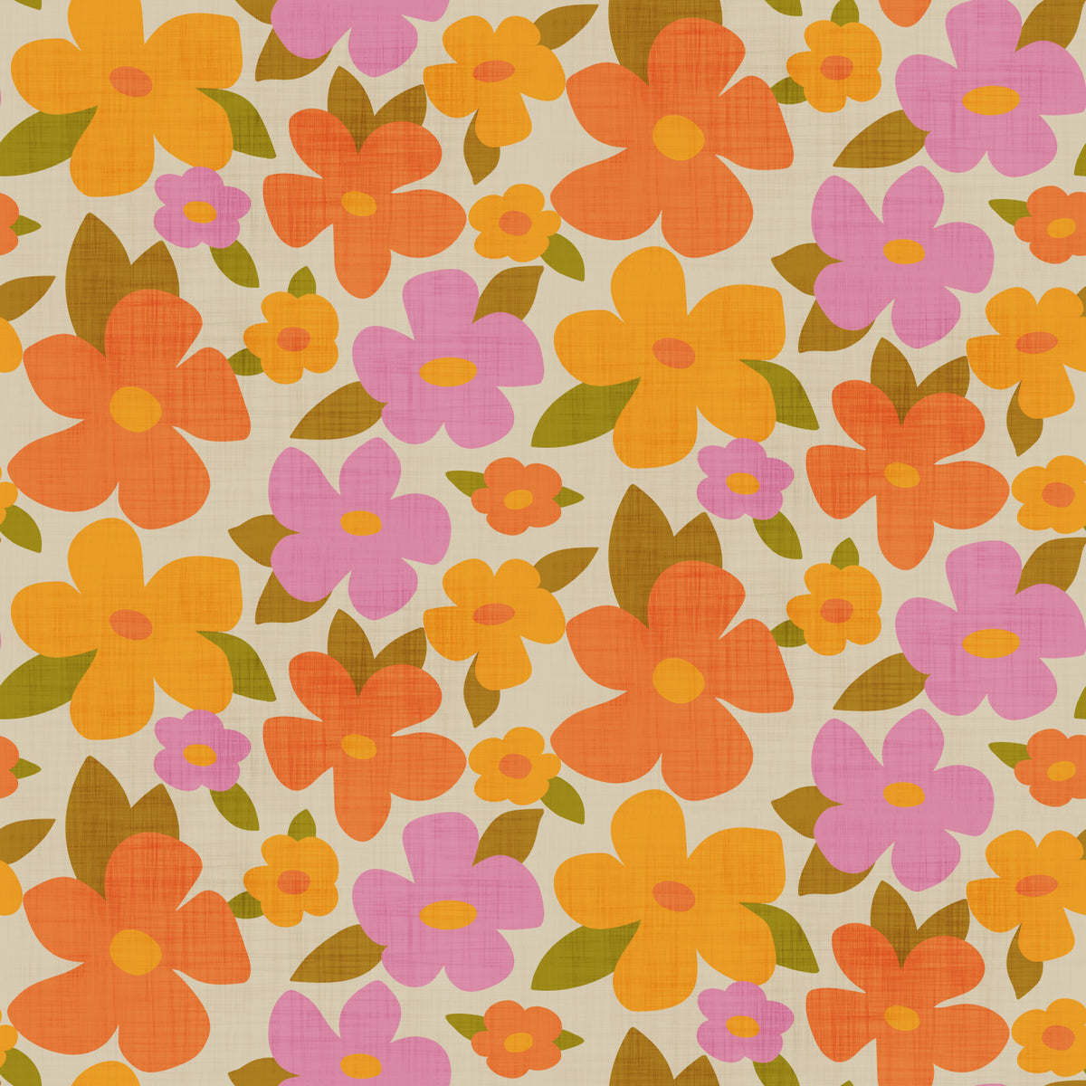 Retro Bright Flowers in Orange Pink Yellow in your room — zoomed