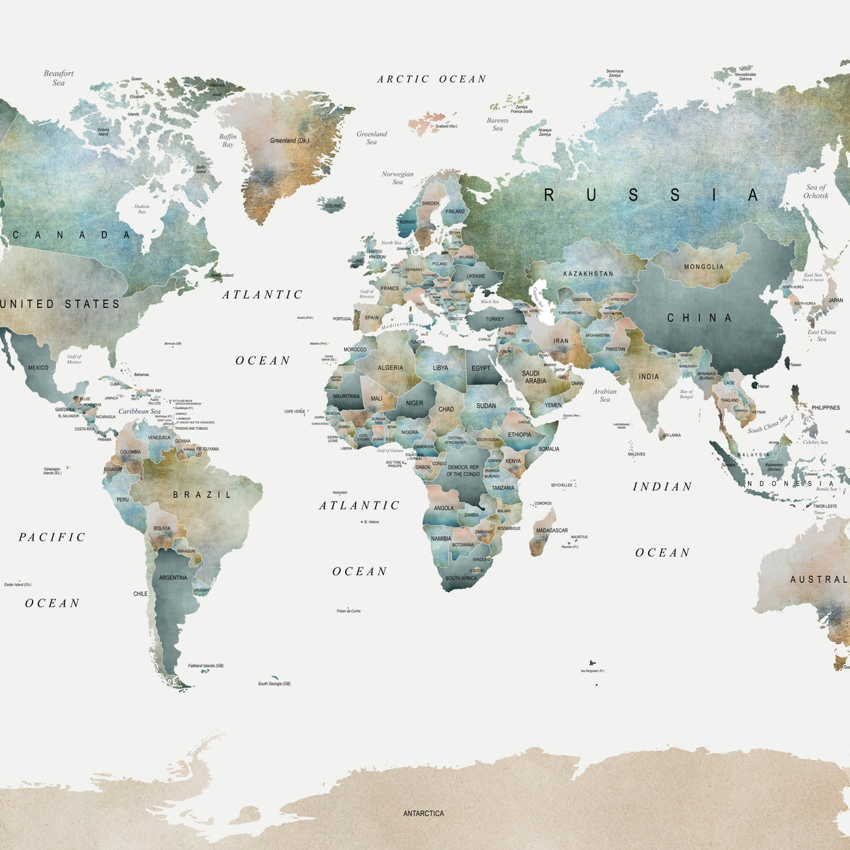 World Map Muted Tones in your room — zoomed