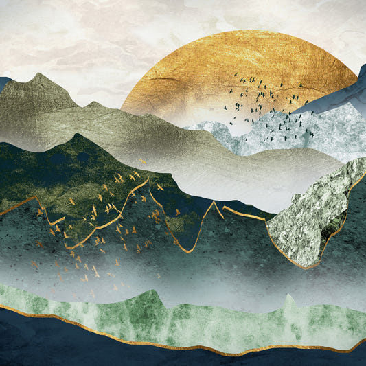 The green golden mountains by sunset