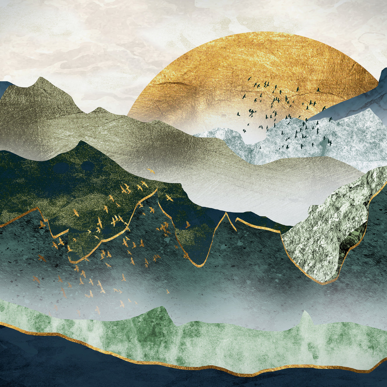 The green golden mountains by sunset