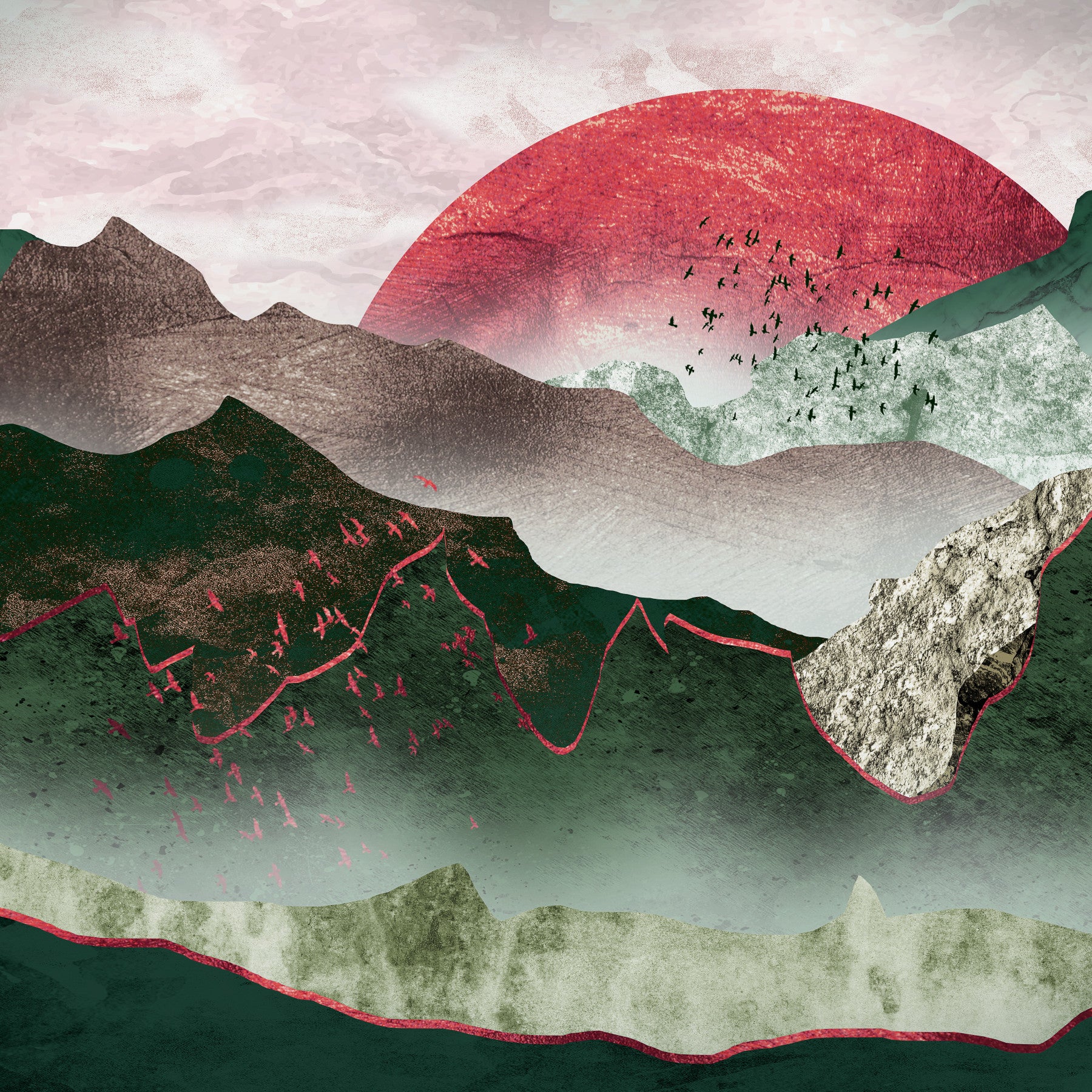 Crimson Sunset Over Misty Mountains