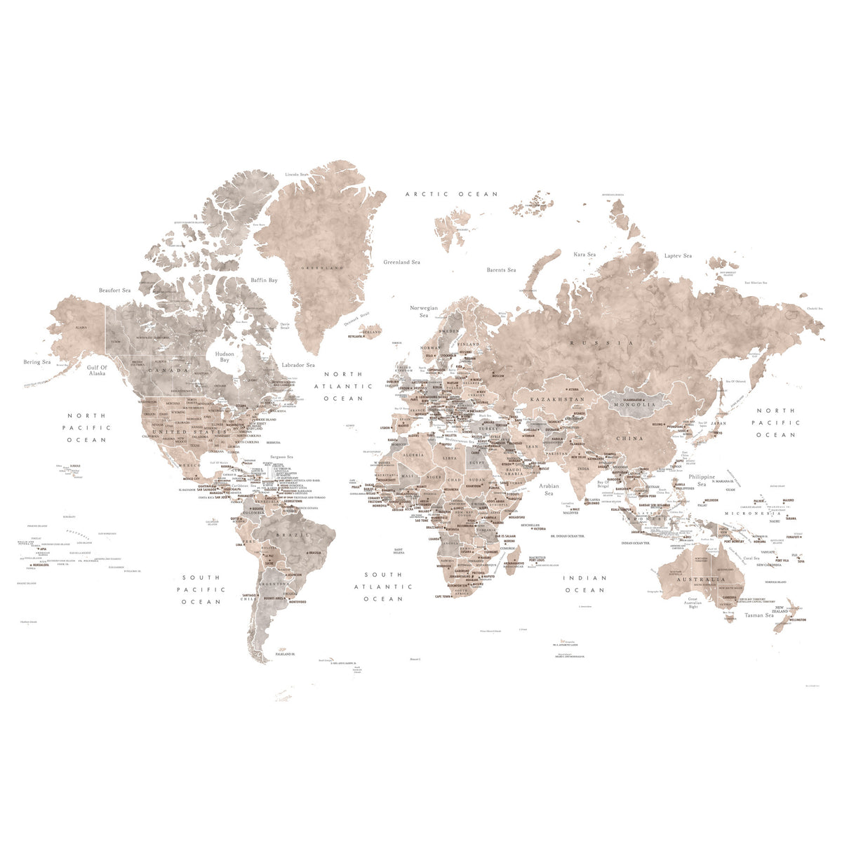 Watercolour world map with countries and capitals, Abey in your room — zoomed