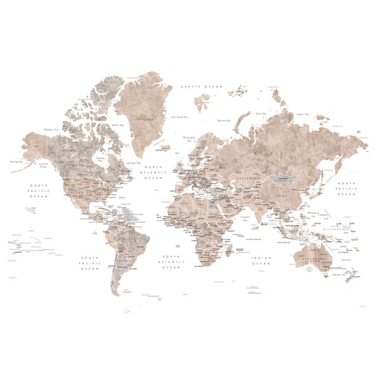 Watercolour world map with countries and capitals, Abey