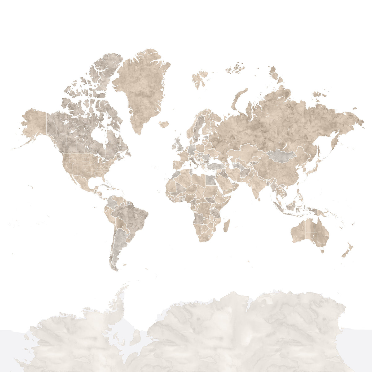 Neutral watercolour world map with outlined countries