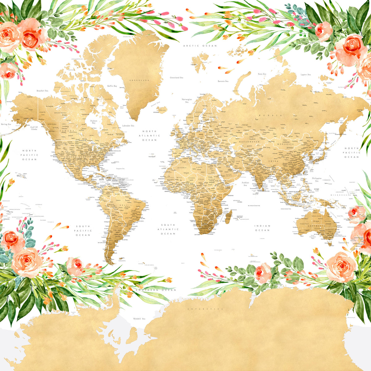 Floral Bohemian World Map Wallpaper in your room — zoomed