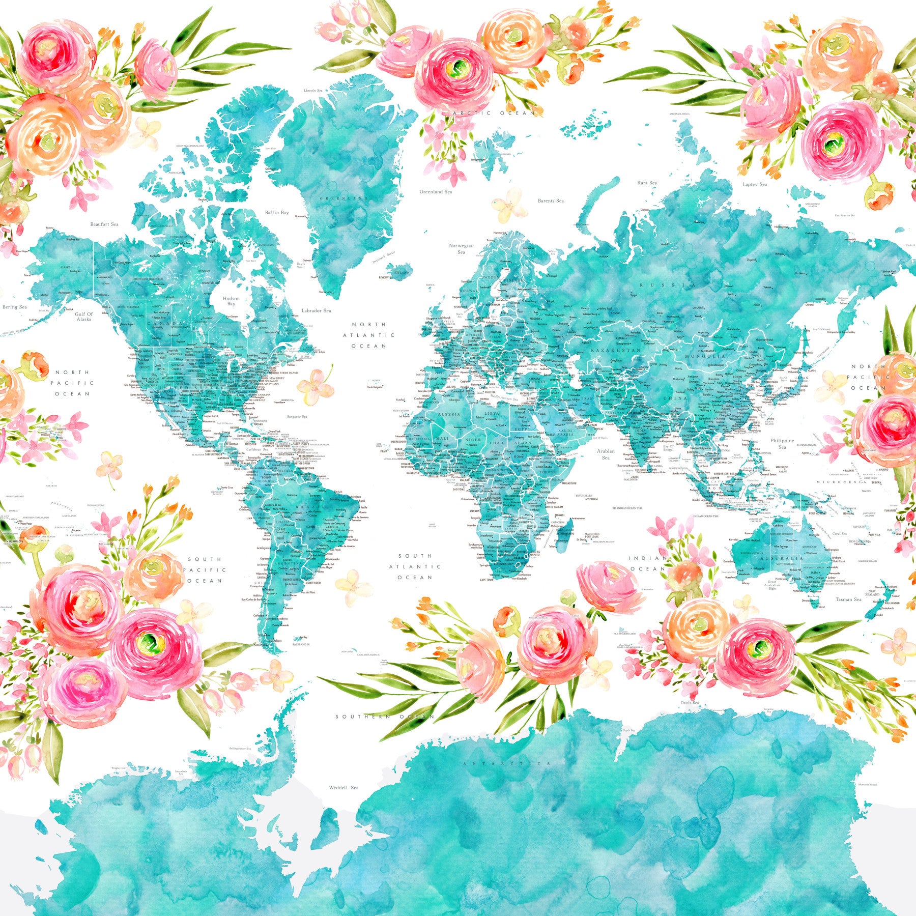 Teal Watercolor World Map Wallpaper