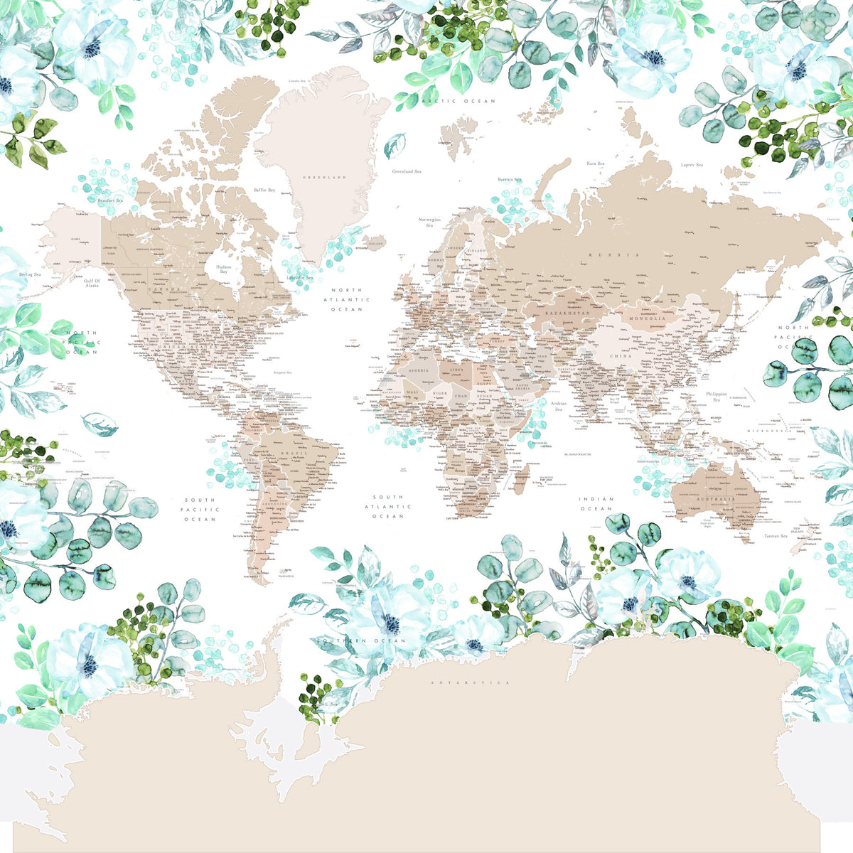 Beige Watercolor World Map Wallpaper in your room — zoomed