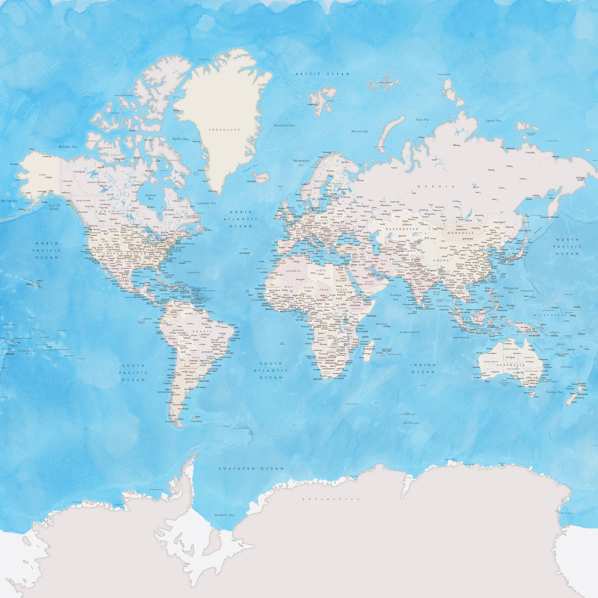 Blue Watercolor World Map Wallpaper in your room — zoomed