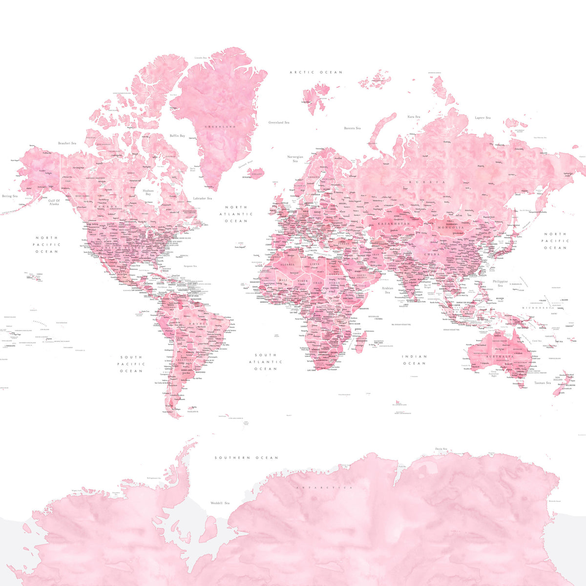 Pink Watercolor World Map Wallpaper in your room — zoomed