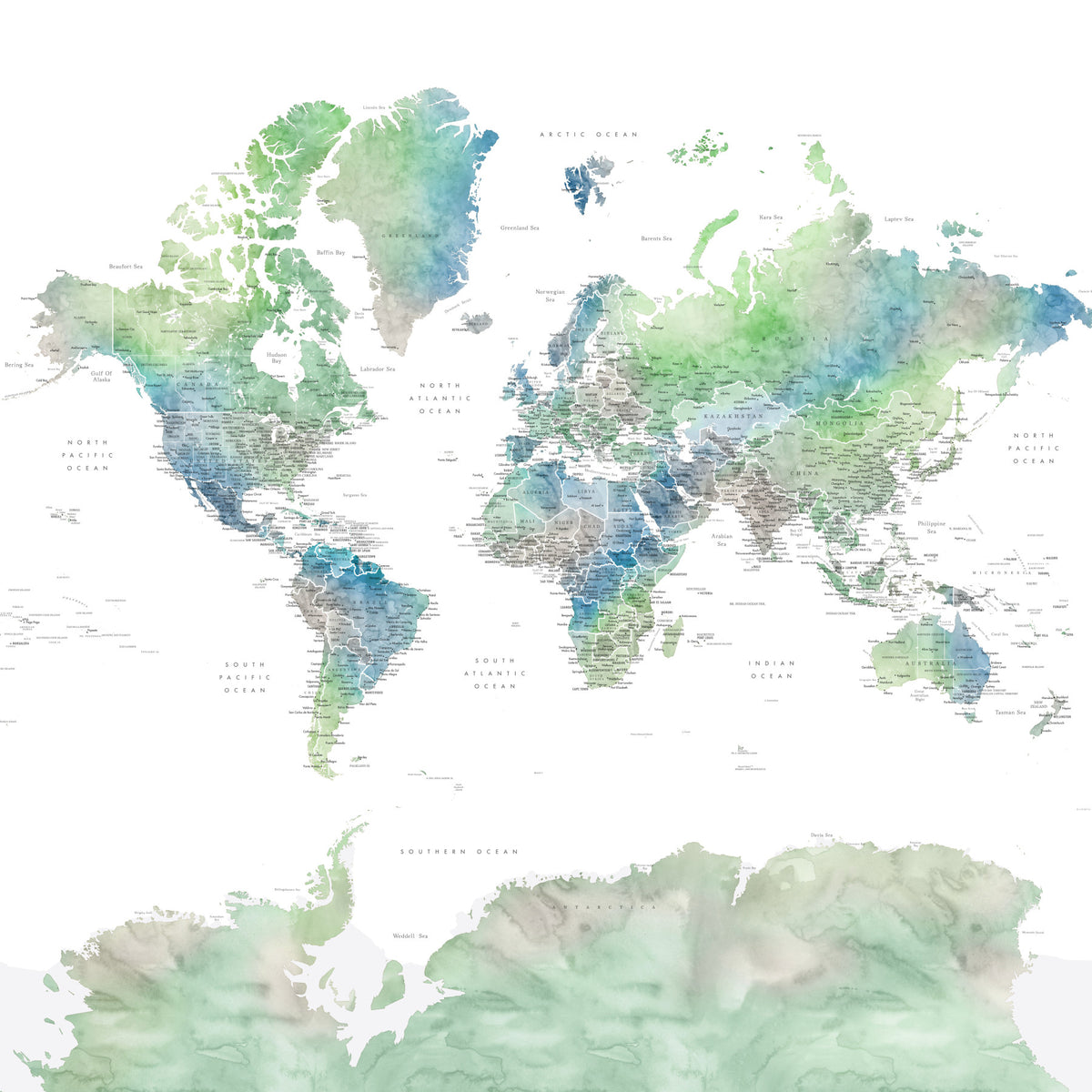 Soft Green Watercolor World Map Wallpaper in your room — zoomed