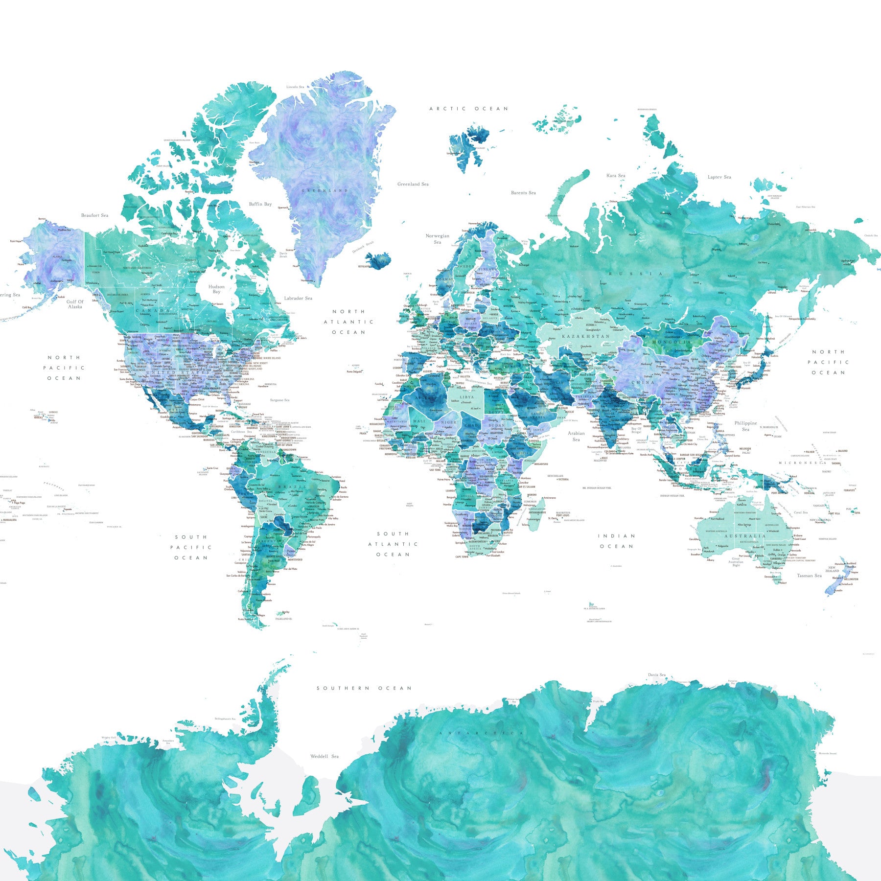 Turquoise Watercolor World Map Wallpaper