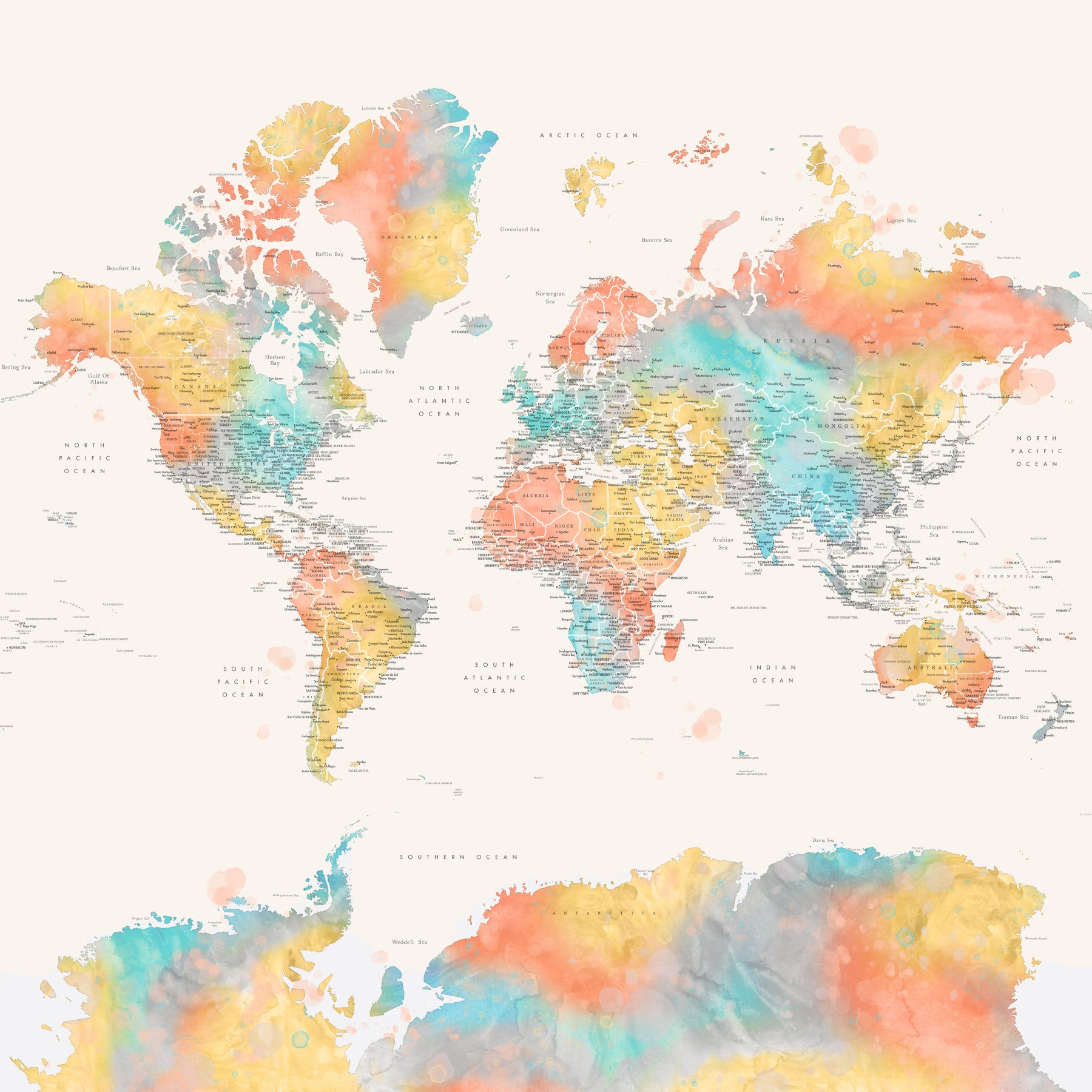 Multicolor Watercolor World Map Wallpaper