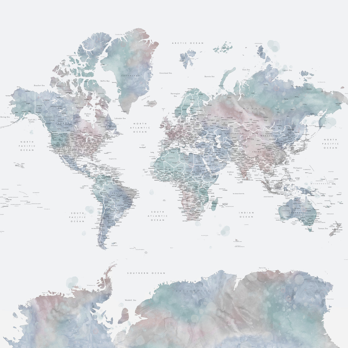 Dusty Blue Watercolor World Map Wallpaper